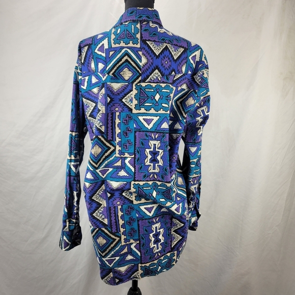 Vtg KARMAN Vibrant Purple Blue Tribal Aztec Button Down Shirt - Picture 4 of 7